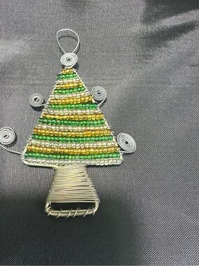 South African Handmade Christmas Tree Beaded Flat Ornament, Wire And Beads